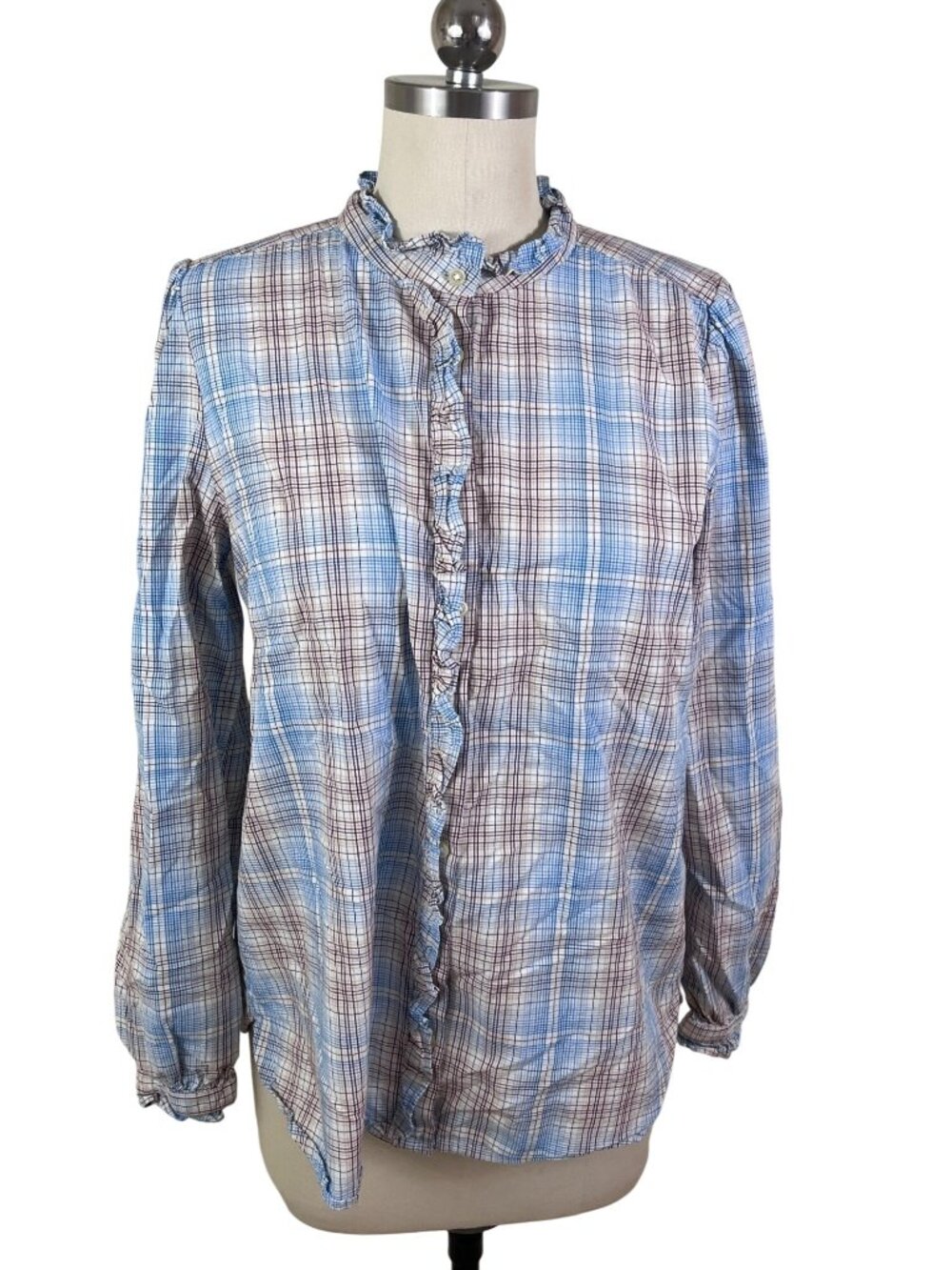 Loft Ann Taylor Y2K Ruffle Mock Neck Plaid Romantic Prairie Shirt Medium Brown